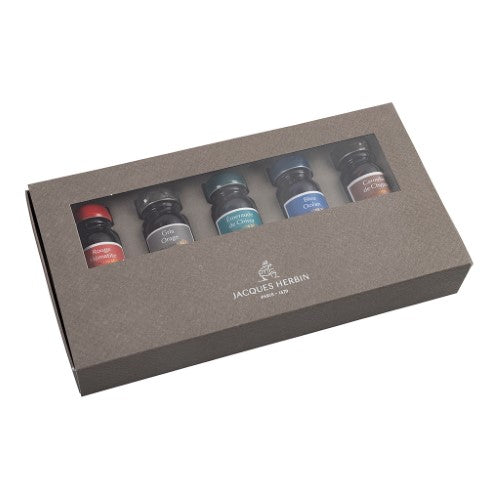 Set of 5 Jacques Herbin 1670 inks in 10ml bottles with gold glitter, featuring vibrant colors for luxurious writing.