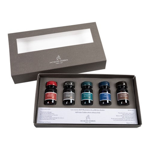 Set of 5 Jacques Herbin 1670 inks in 10ml bottles, featuring shimmering colors for luxurious writing experiences.