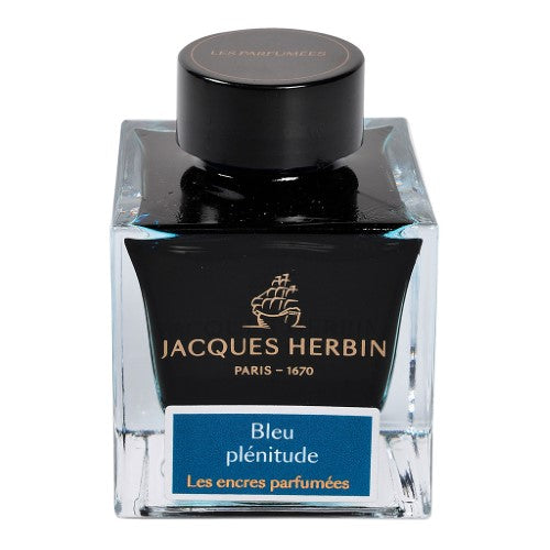 50ml bottle of Jacques Herbin Bleu Plenitude scented ink in vibrant blue, featuring musky herbal and floral aromas for enhanced writing.