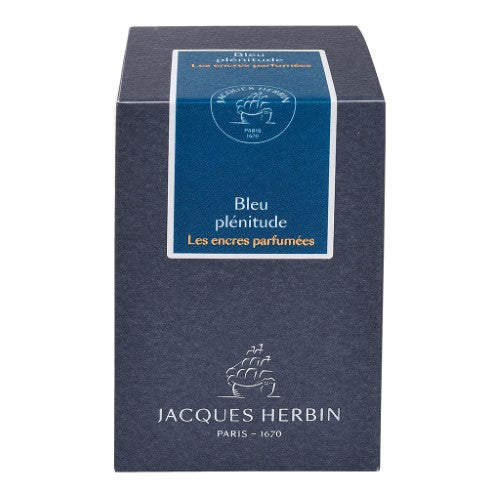 50ml bottle of Jacques Herbin Bleu Plenitude scented ink, vibrant blue with aromatic notes of herbs and orange blossoms.