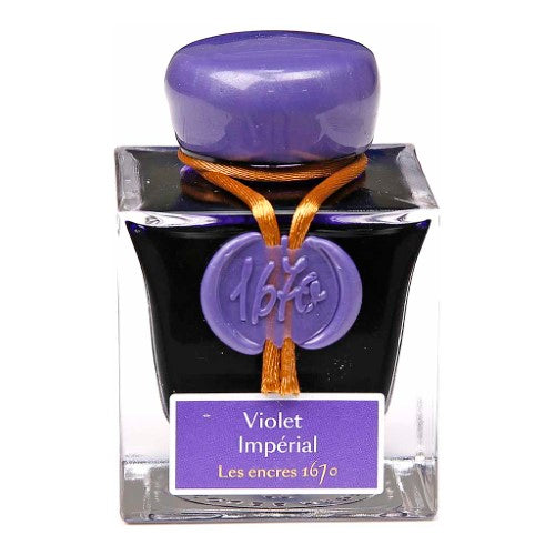 50ml bottle of Jacques Herbin 1670 Violet Imperial ink with gold glitter infusion, designed for fountain pens and elegant writing.
