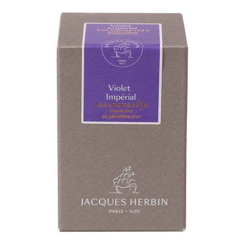 50ml bottle of Jacques Herbin 1670 Violet Imperial ink, rich purple color infused with gold glitter, ideal for elegant writing.