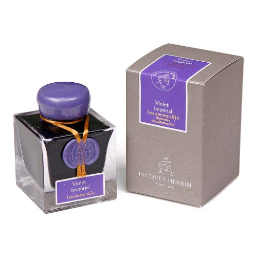 50ml bottle of Jacques Herbin 1670 Violet Imperial ink, featuring vibrant purple color and gold glitter infusion.