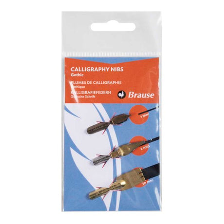 Brause Calligraphy Nib Set Gothic featuring Bandzug 1mm, 2.5mm, and Plakat 10mm nibs for precise Gothic lettering.