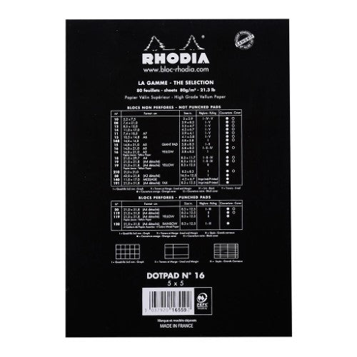 Rhodia dotPad No. 16 A5 Black featuring 80 sheets of smooth 80g paper with light lilac dot matrix for creative note-taking.