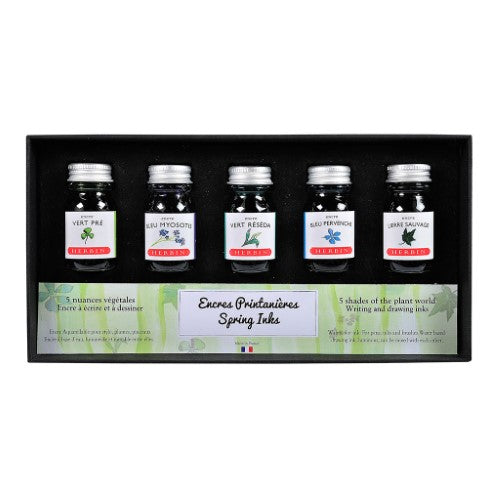 Set of 5 vibrant 10ml Herbin inks in spring-inspired colors for fountain and rollerball pens.