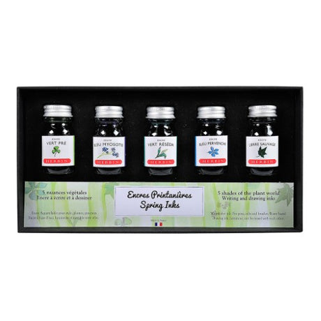 Set of 5 vibrant 10ml Herbin inks in spring-inspired colors for fountain and rollerball pens.