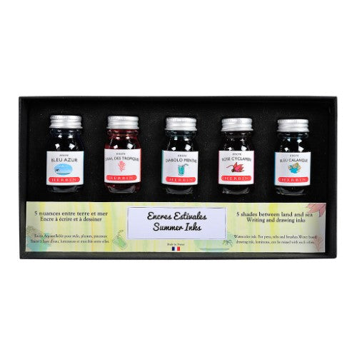 Vibrant Herbin Ink Summer Pack of 5 with 10ml bottles in stunning colors for calligraphy and art projects.
