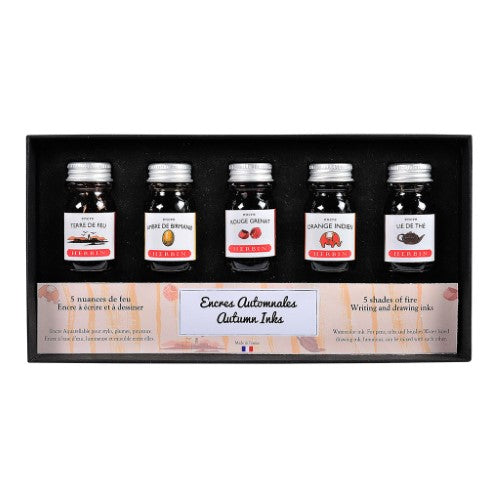 Set of 5 Herbin 10ml ink bottles in autumn colors for writing, calligraphy, and artistry.