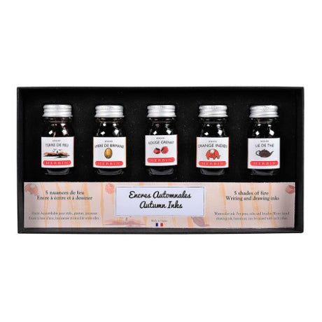 Set of 5 Herbin 10ml ink bottles in autumn colors for writing, calligraphy, and artistry.