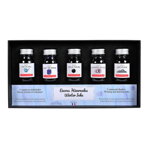 Herbin Ink 10ml Winter Set with 5 vibrant mineral shades for calligraphy and art projects, ideal for all writing instruments.
