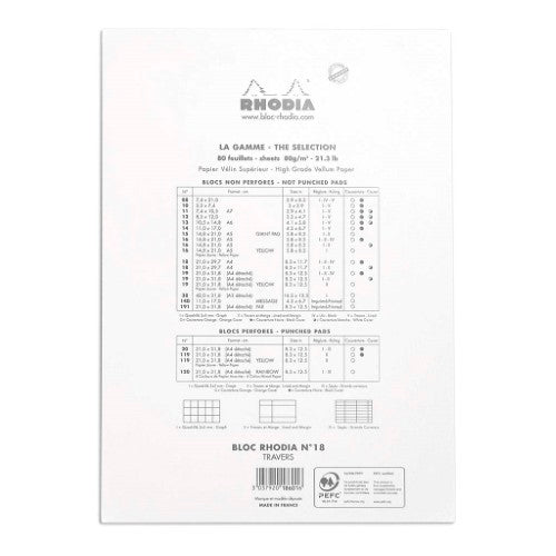 Rhodia Bloc Pad No. 18 A4 with 80 lined sheets, white cover, designed for smooth writing without bleed-through.