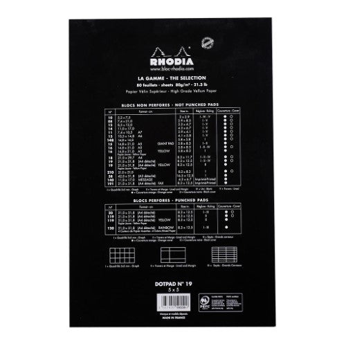 Rhodia dotPad No. 19 A4+ Black with geometric dot matrix, 80 sheets of smooth white paper in a sleek black cover.