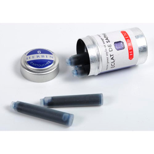 Pack of 6 Herbin Eclat de Saphir ink cartridges in vibrant sapphire blue, perfect for fountain pen writing and drawing.