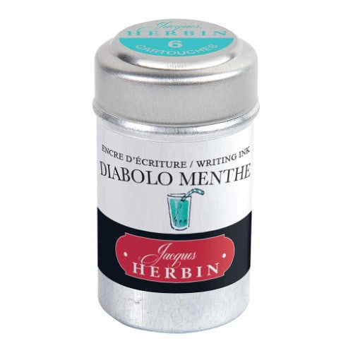 Pack of 6 Herbin Diabolo Menthe ink cartridges in refreshing mint green for smooth writing and drawing with fountain and rollerball pens.