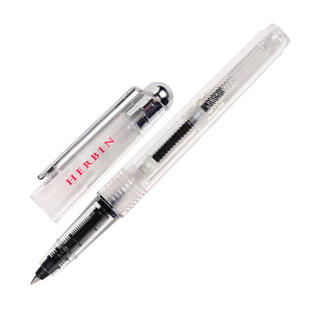 Herbin Transparent Rollerball Pen showcases a clear body and medium nib, designed for vibrant, smooth ink application.