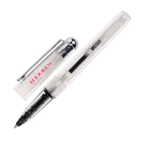 Herbin Transparent Rollerball Pen showcases a clear body and medium nib, designed for vibrant, smooth ink application.