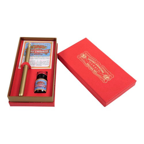 Herbin Traditional Writing Set featuring a pen holder, nib, and 10ml Carob Red ink in elegant presentation box.
