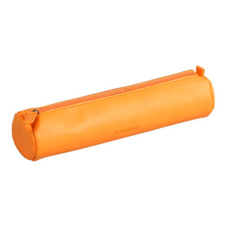Vibrant round orange pencil case made of durable Italian leatherette, perfect for organizing stationery and expressing creativity.