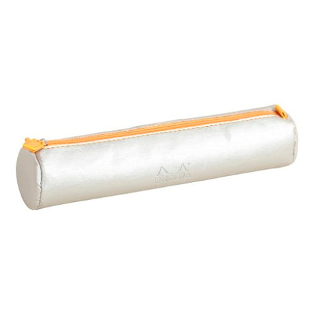 Elegant silver Rhodiarama pencil case made from Italian leatherette, features orange zip, embossed logo, and ample storage.
