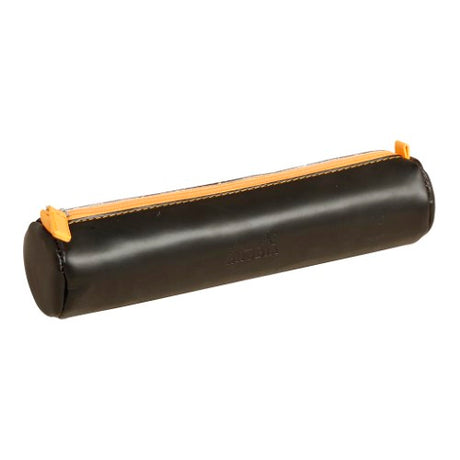 Round black pencil case made from Italian leatherette, featuring orange zip and embossed logo, ideal for organizing stationery.