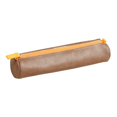 Stylish Rhodiarama Round Pencil Case in chocolate Italian leatherette with orange zip, perfect for organizing stationery.