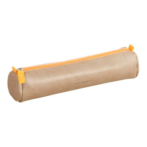 Stylish taupe Rhodiarama pencil case with orange zip, crafted from Italian leatherette for elegant storage.
