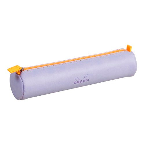 Iris Blue Rhodiarama round pencil case with orange zipper, embossed logo, and Italian leatherette finish.