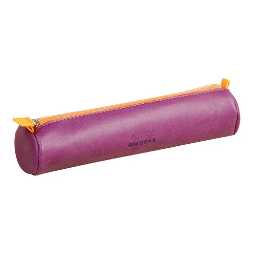 Stylish purple Rhodiarama pencil case made of soft Italian leatherette, featuring an orange zipper and embossed logo.