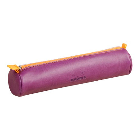 Stylish purple Rhodiarama pencil case made of soft Italian leatherette, featuring an orange zipper and embossed logo.
