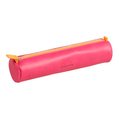 Rhodiarama round pencil case in vibrant raspberry with orange zip, made from premium Italian leatherette, 21.5cm long.