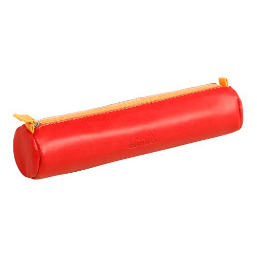 Stylish Rhodiarama Round Pencil Case in vibrant Poppy with orange zip, crafted from premium Italian leatherette.