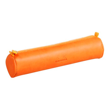 Round tangerine pencil case made of soft Italian leatherette, featuring an orange zip and embossed logo.