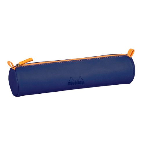 Elegant Rhodiarama Pencil Case in Round Midnight, made from soft Italian leatherette with orange zip and embossed logo.
