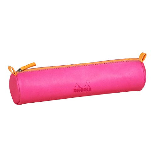 Fuchsia Rhodiarama Pencil Case Round in Italian leatherette, featuring an orange zip and embossed logo, perfect for organizing stationery.