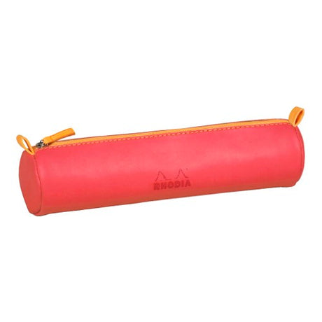 Coral Rhodiarama Round Pencil Case made from luxe Italian leatherette, featuring orange zip and embossed logo.