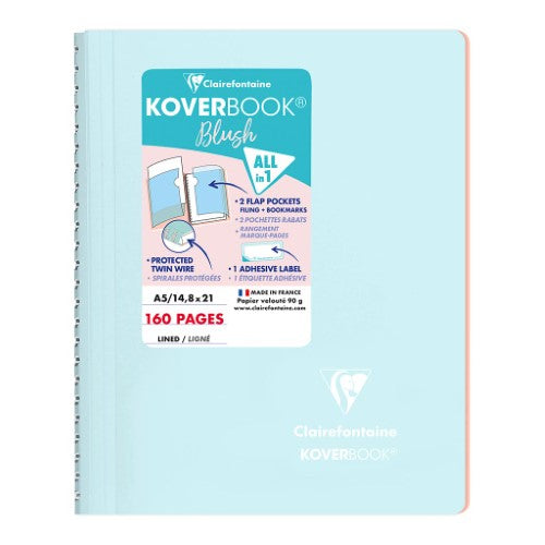 Koverbook Spiral Blush A5 notebook in Ice Blue with coral accents, featuring a protective cover and 160 lined pages.