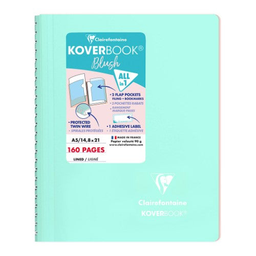 Koverbook Spiral Blush A5 notebook in mint and blush, featuring 160 lined pages, bookmark flaps, and an integrated pocket.