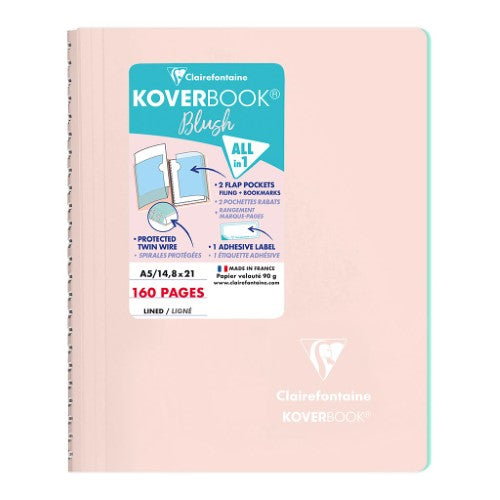 Koverbook Spiral Blush A5 lined notebook in Powder Pink with two bookmarks and pocket, featuring 160 pages of smooth writing paper.