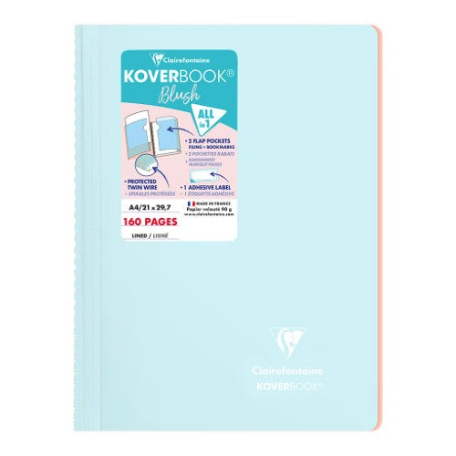 Koverbook Spiral Blush A4 notebook in Ice Blue with durable cover, bookmark flaps, and smooth 90gsm lined pages.