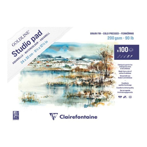 Goldline Studio Watercolour Pad 24x32cm with 100 sheets of acid-free, textured, absorbent paper for various media.