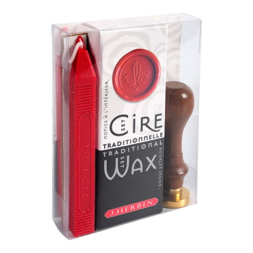 Herbin Traditional Wax Seal Set with lily design seal, kings' wax sticks, and wooden handle for elegant letter sealing.