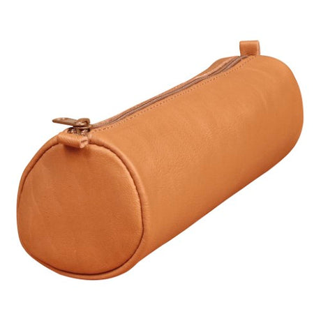 Tan round pencil case made from genuine sheepskin leather, featuring an elegant design for stationery organization.