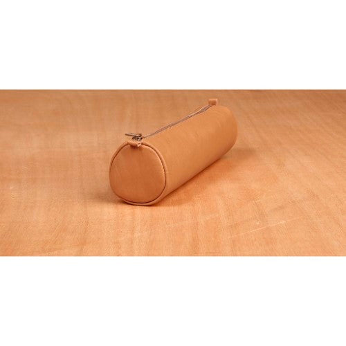 Tan round pencil case made from genuine sheepskin leather, perfect for organizing stationery in style.