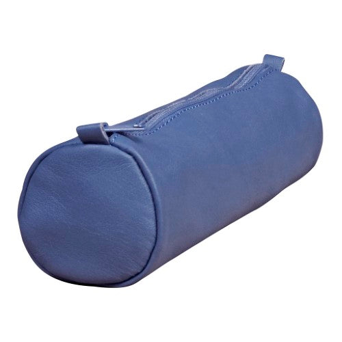 Round blue sheepskin leather pencil case, 21cm long, 6cm diameter, stylish and functional for students and professionals.