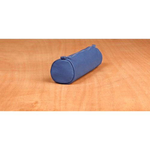 Round blue pencil case made of genuine sheepskin leather, 21cm long and 6cm wide, stylish and functional for stationery storage.