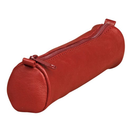Red round pencil case made of genuine sheepskin leather, 18.5cm long, perfect for stationery on-the-go.