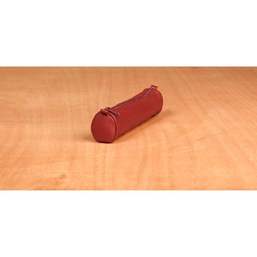 Red round pencil case made of genuine sheepskin leather, measuring 18.5cm long and 4cm in diameter, stylish and durable.