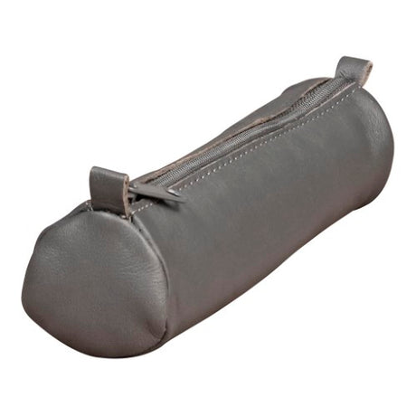 Small round grey pencil case made from genuine sheepskin leather, perfect for organizing stationery or personal items.