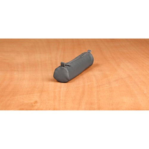 Small round grey pencil case made of genuine sheepskin leather, perfect for stylishly organizing stationery or personal items.